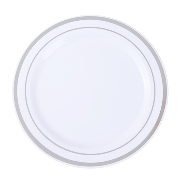 White Plastic Plate with Silver Ring Design – 17.5 cm