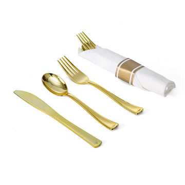 Disposable knife, fork, spoon and paper towel set - Gold