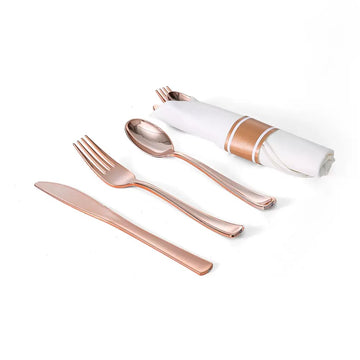 Disposable knife, fork, spoon and paper towel set - Rose Gold