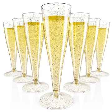 Gold Glitter Plastic Champagne Glasses